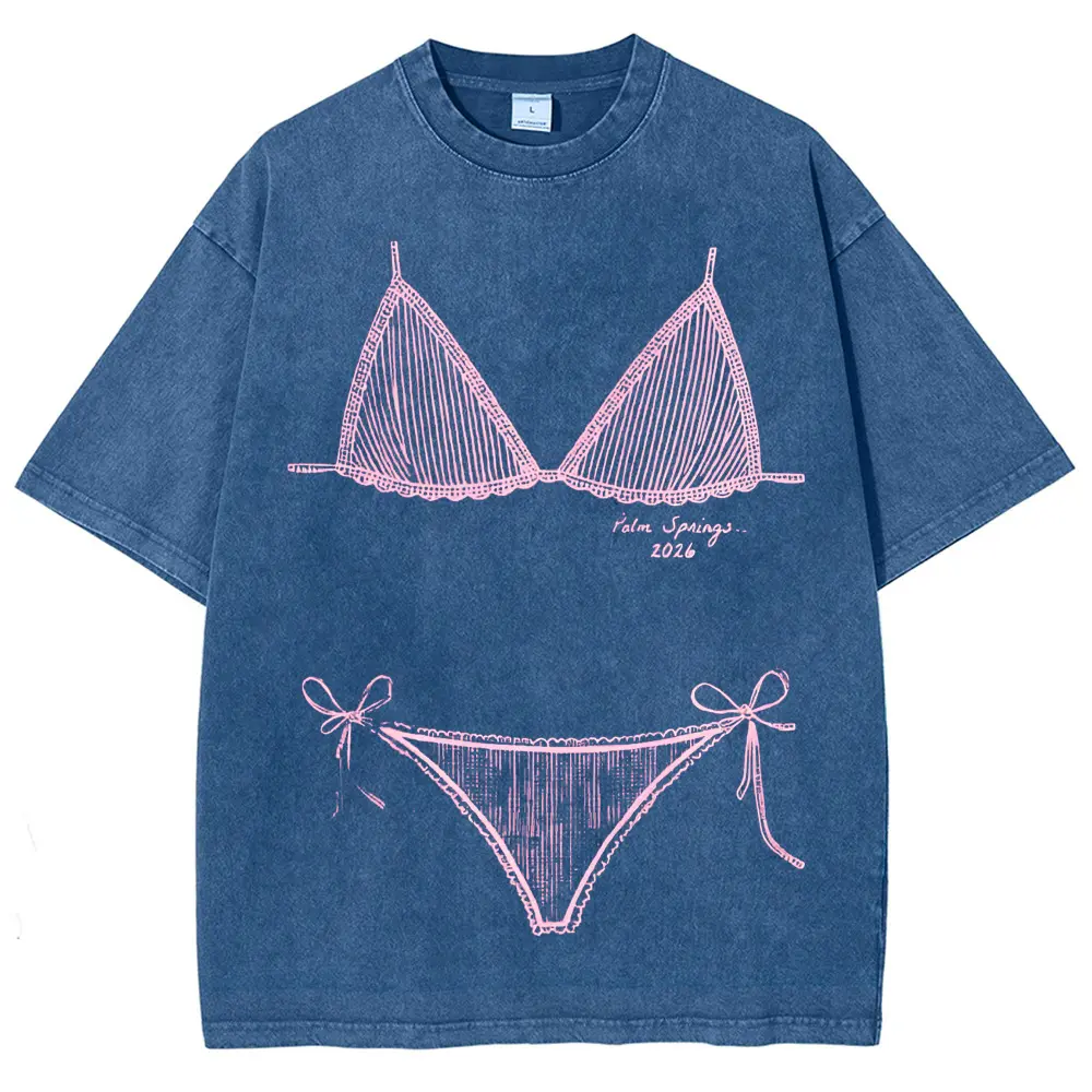 Women's Bikini Illusion Graphic Washed T-Shirt, Oversized Y2K Coquette Funny Print Short Sleeve Tee, Cute Summer Casual Tops