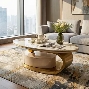 Modern Oval Coffee Table with Gold Stainless Steel Base Luxury Coffee Table with 1 Drawer and White Glass Tabletop Living Room Table for Office Home Apartment Easy to Assemble and Clean coffee  tables