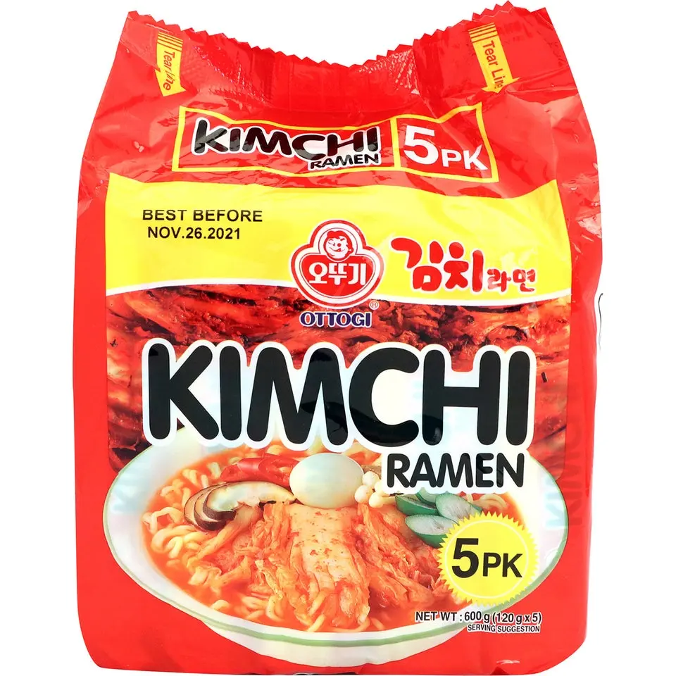 Ottogi Mr Kimchi Ramen Noodles Family-Size Pack - Chewy, Savory Cheese-Flavored Spicy Korean Instant Noodles, Onion-Infused, Cholesterol-Free, Ambient Pantry Food with Kimchi Flakes, Add Egg or Cheese Option, Enriched Wheat Flour Base (21.16 oz)