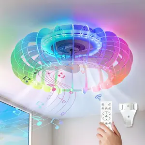 21'' Low Profile Bladeless Ceiling Fan with Dimmable LED Lights & Remote Control 6 Speeds Reversible Bluetooth Speaker for Kids Room Bedroom Party