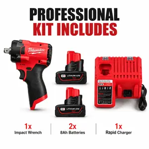 Milwaukee M12 1/2" Brushless Impact Driver 2552-20 | 12V 8.0Ah 2-Battery + Rapid Charger Kit | Compact Body, High Capacity Battery | For Electrical Installation, Cabinet Assembly outdoor construction