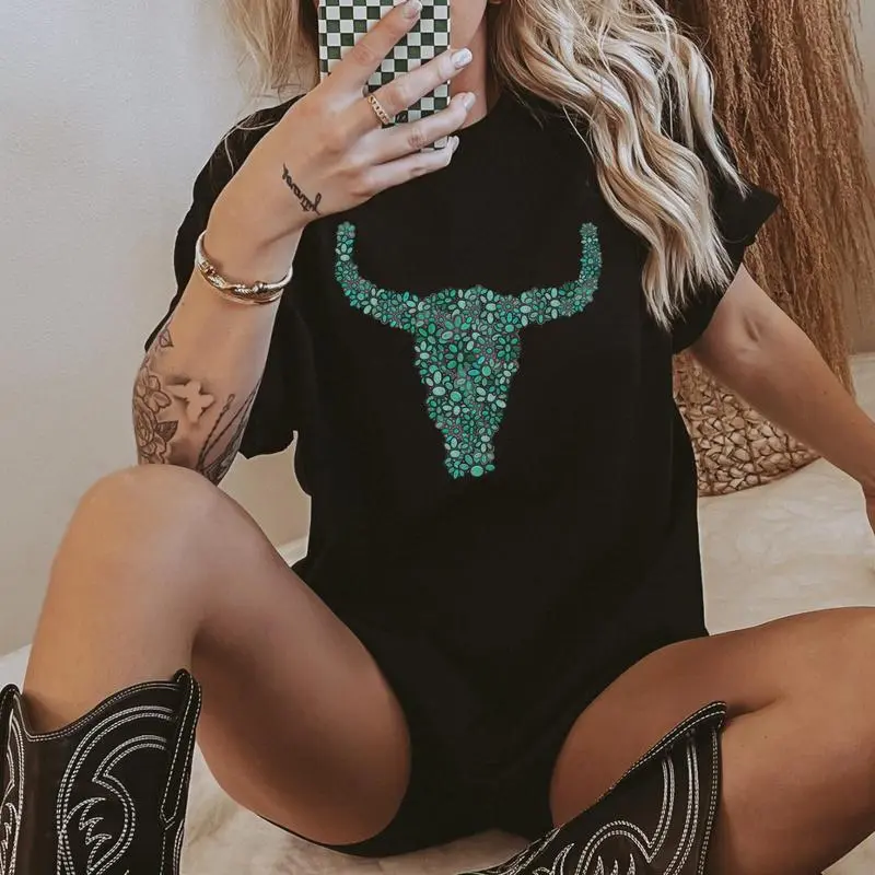 Women's Western Style Turquoise Long Horn shirt, Cowgirl Sweatshirt tops for women, Cowgirl Rodeo, Gift for Her western outfits women, western clothing stuff country girl clothesS-5XL Plus Size Available