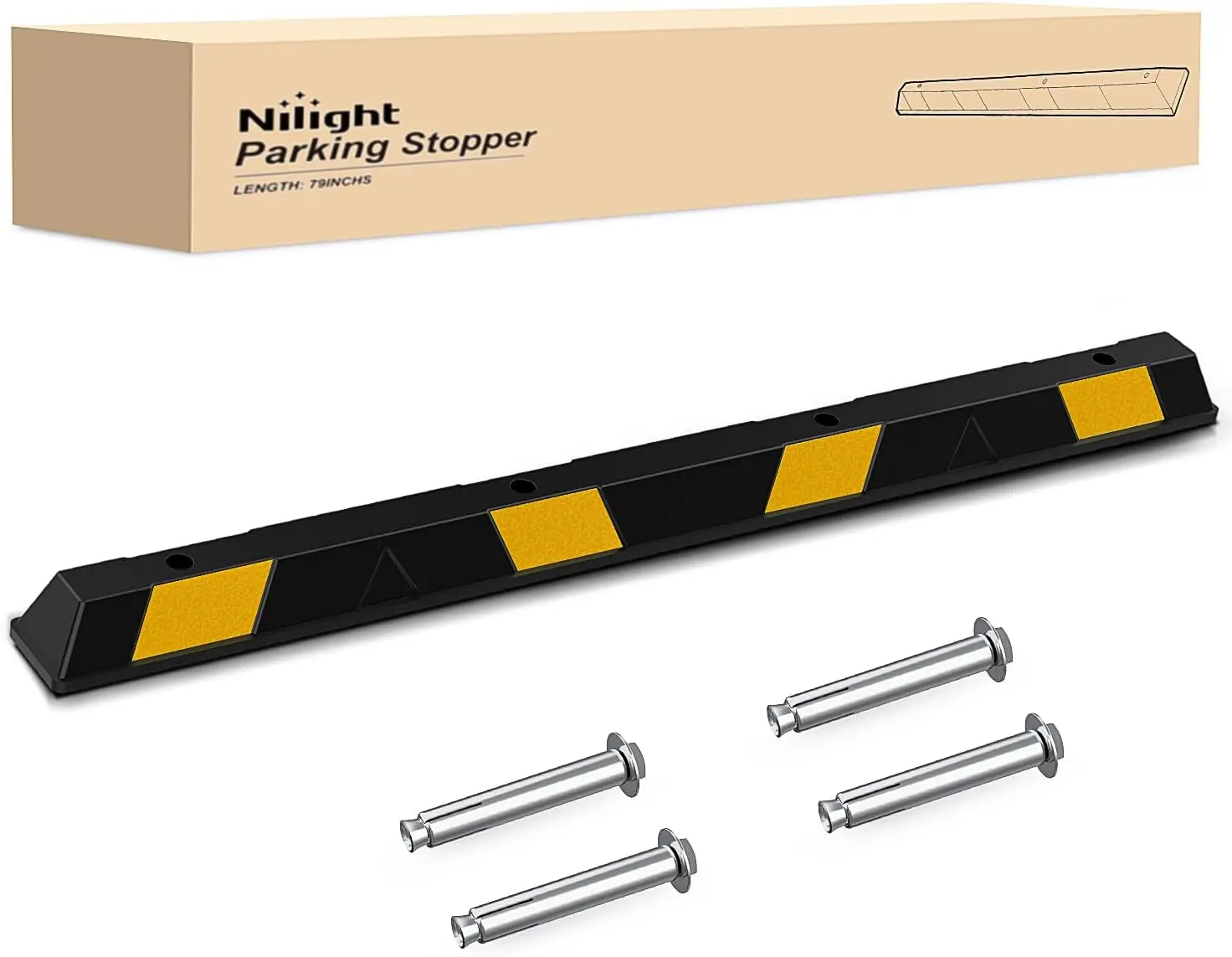 Nilight 79in Reflective Industrial-Rubber Heavy-Duty Parking Curb Stop with Bolt Anchors, 44,000 lbs Impact Guard, Bolt Anchor for Trucks/SUVs - Driveway & Garage Stopper, Durable
