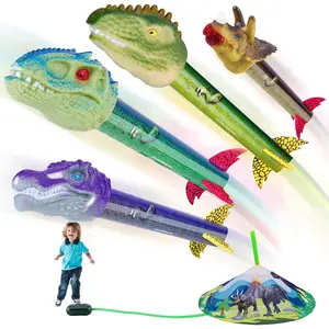 Outdoor Dinosaur Toy Rocket Launcher Set, 100 Ft Long Range Launcher with 4 Rockets, Kids Outside Play Gift for Ages 3 to 12 Boys & Girls