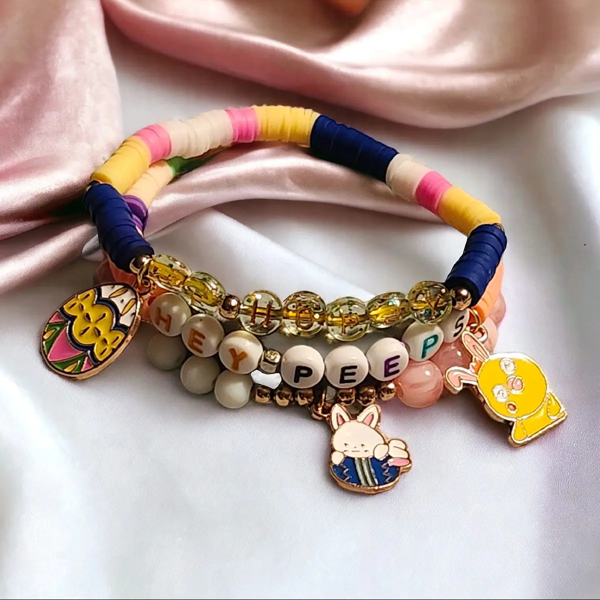 Girls set of 3 easter bracelets with charms bunny, egg, and chick. Heishi clay and beads