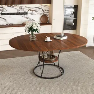 43.31-59 Inch Extendable Round Dining Table, Walnut Veneer Tabletop Matte Black Metal Frame, Tool-Free Clasp Extension Triangular Support with Mesh Storage Shelf for 4-6 People Home Dining Use, Expandable Dining Tables, Veneer Dining Tables