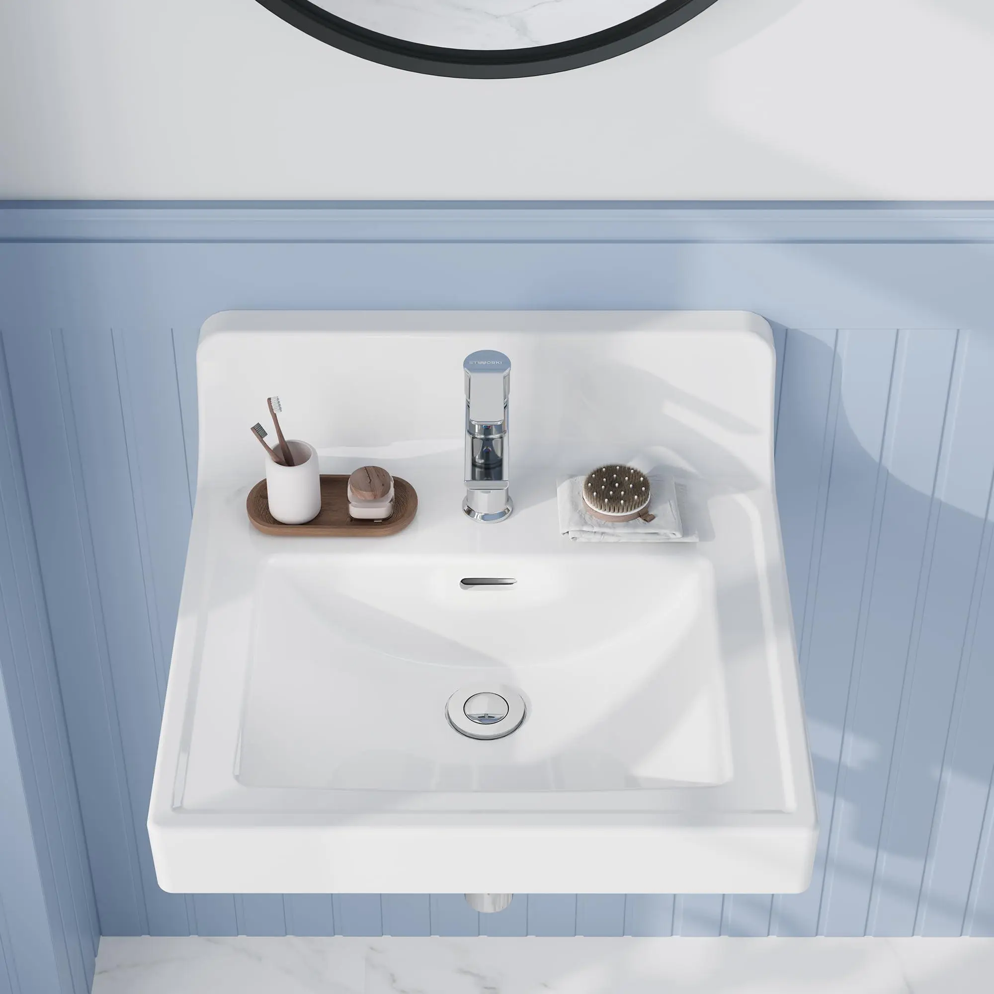 GARVEE 20"x18.98" Square White Ceramic Semi-Recessed Bathroom Vessel Sink, Above Counter Vanity Basin with Single Hole and Backsplash