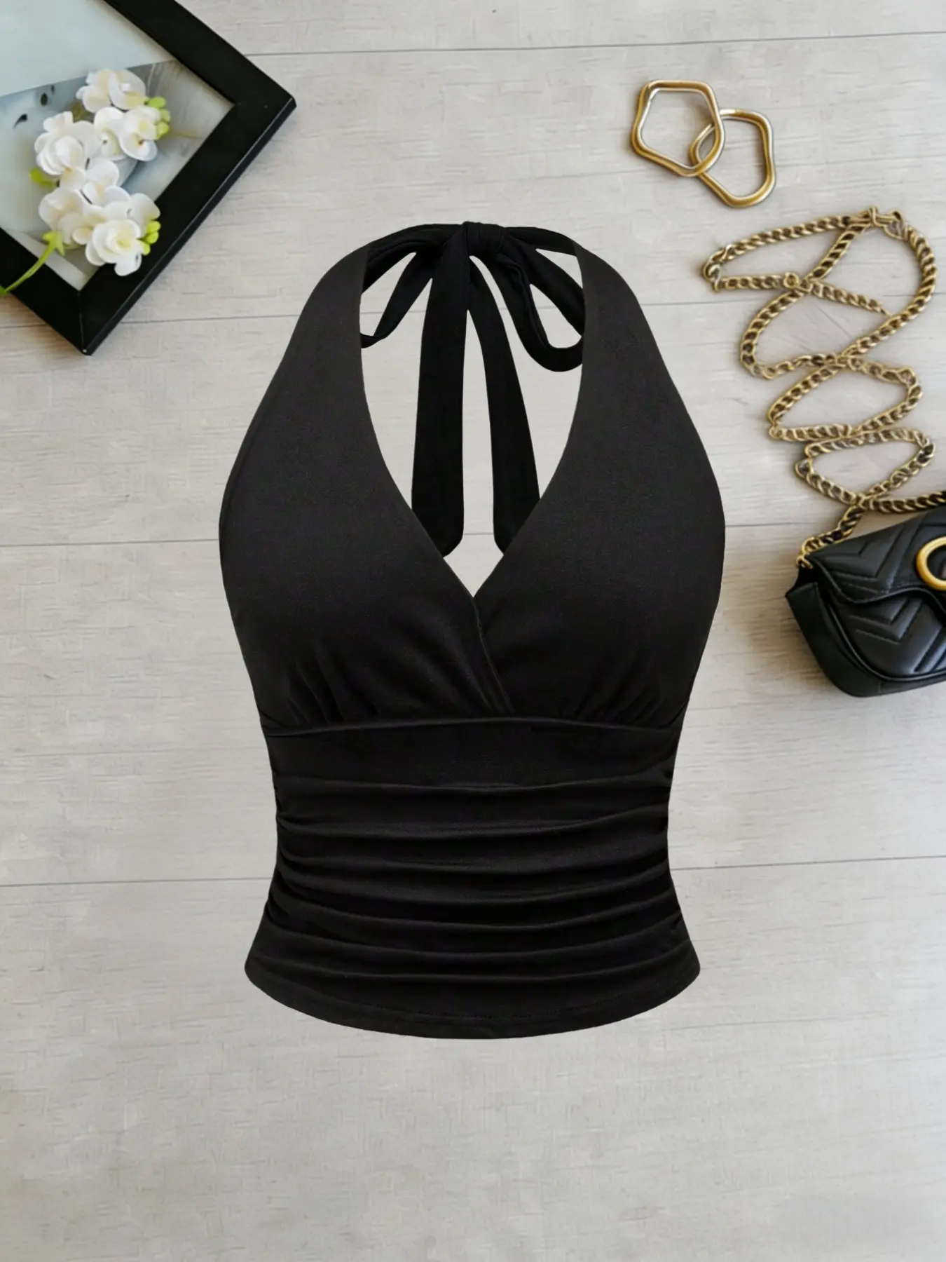 Plus Size Women's Halter V-Neck Ruched Sleeveless Short Top Black, Tie Back Cut Out Crop Tank Tops Casual Comfy Cami, Stylish Casual Summer Fashion, Fit, Comfortable and Trendy