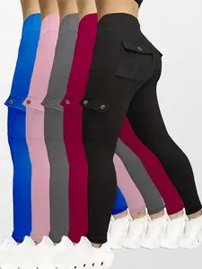 5pcs Set Women's High-Waisted Yoga Leggings with Belt Pockets & Button Closure - Full Coverage Flap Pocket Athletic Pants, Solid Color Gym Workout Running Training Suit (Black, Navy, Gray, Pink, Red) - Comfortable Machine-Washable