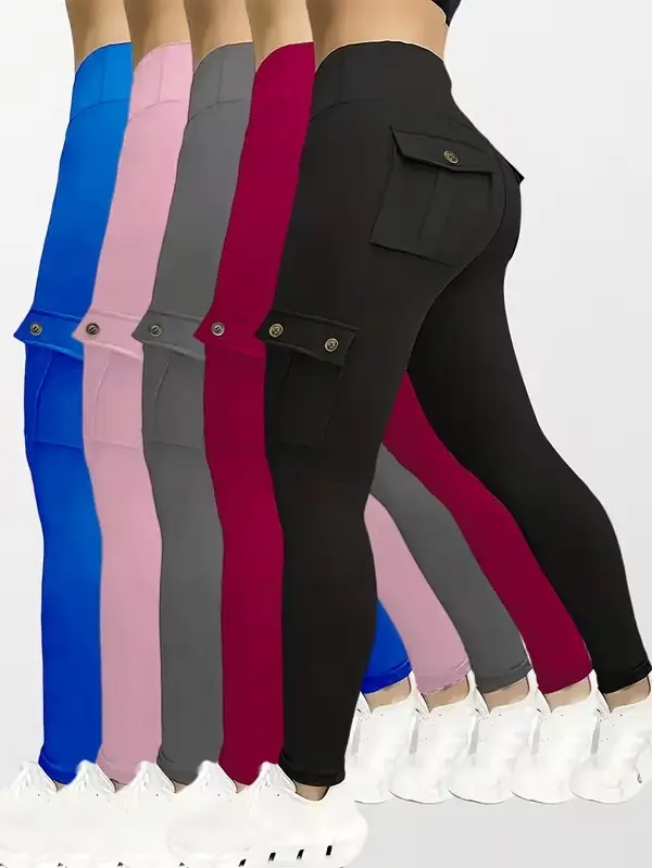 5pcs Set Women's High-Waisted Yoga Leggings with Belt Pockets & Button Closure - Full Coverage Flap Pocket Athletic Pants, Solid Color Gym Workout Running Training Suit (Black, Navy, Gray, Pink, Red) - Comfortable Machine-Washable