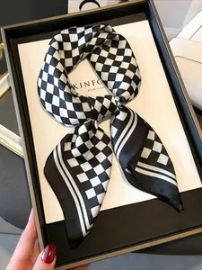 Women's Checked Pattern Contrast Binding Design Square Scarf, Black Casual Soft Comfortable Scarf for Daily Wear, Fashion Accessories for Women & Girls