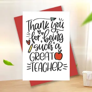 1-Pack Teacher Thank You Card | Greeting Card | Cute "Great Teacher" Typography | Heart/Pencil/Apple Accents | Playful, Vibrant Design | Durable Cardstock + Matching Red Envelope | Perfect for Appreciating Educators