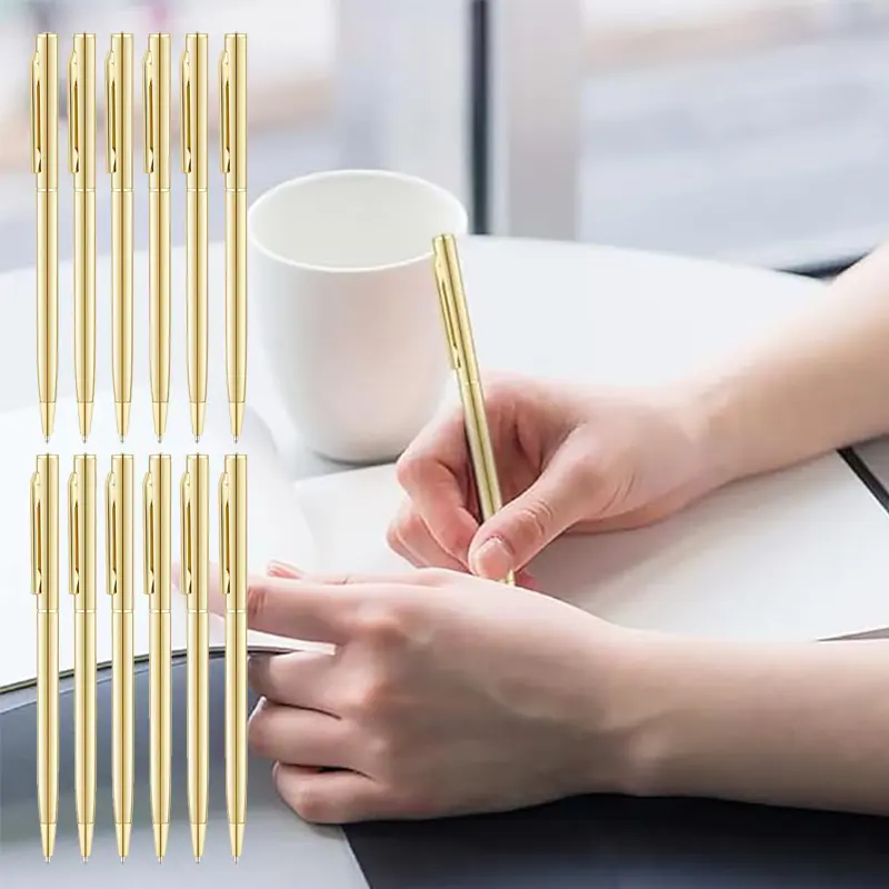 Gold Slim Ballpoint Pens Black Ink Medium Point (1 Mm), Gold Pens for Writing, Retractable Ballpoint Pens Writing Tool Black Ink for Pocket Notebook Notepads School