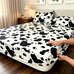 3-Piece Black & White Cow Print Fitted Sheet Bedding Set, Bed Linens, 1 Fitted Sheet + 2 Pillowcases (No Insert), Soft & Comfortable Fabric, Cute Cow Pattern Bedroom Decor, Ideal Bedding Gift