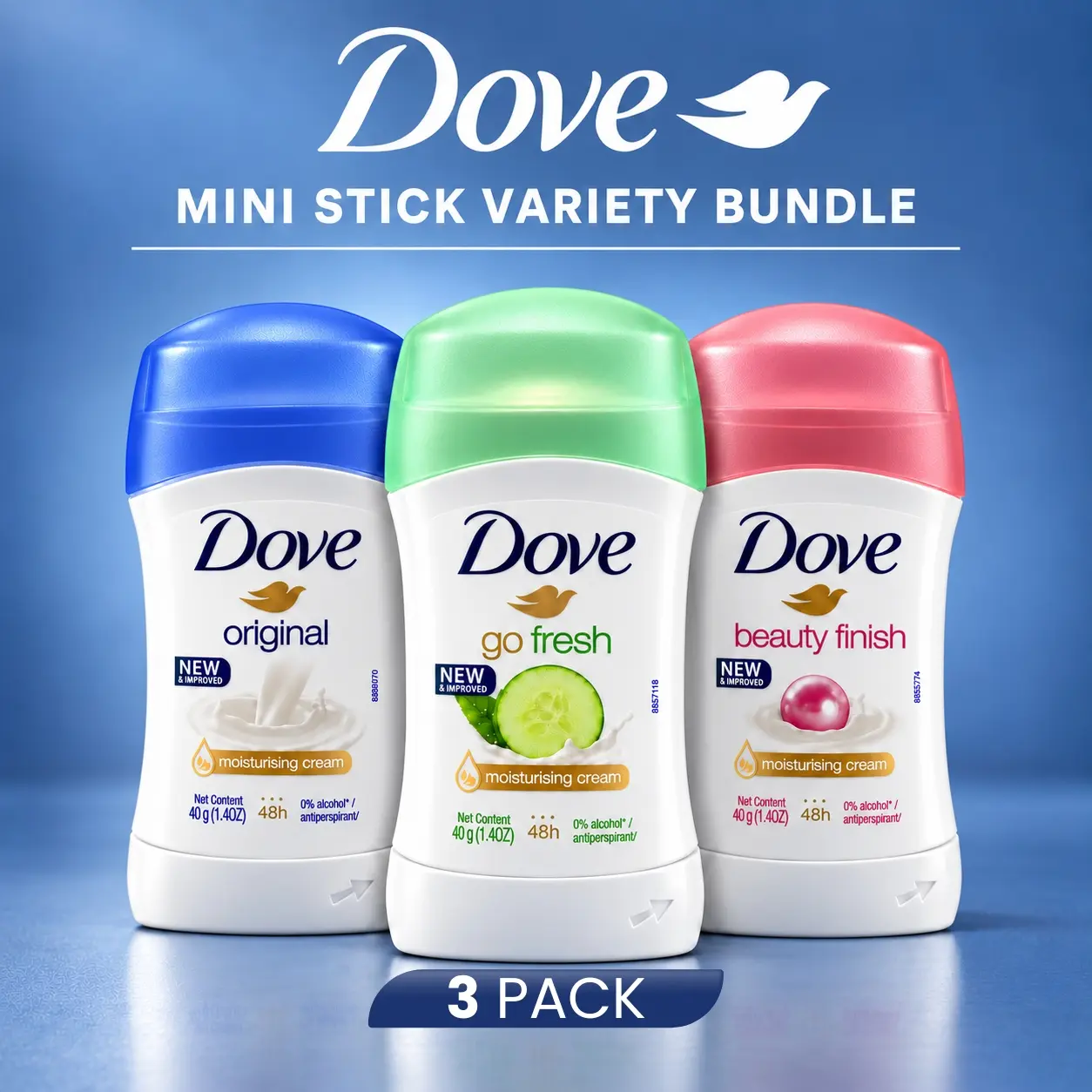 Dove Women’s Mini Antiperspirant Deodorant Cream Stick Variety Bundle, 3-Pack (40g/1.4oz Each) - Assorted Scents, 48hr Shield, Moisturizing Underarm Care, Travel Essentials