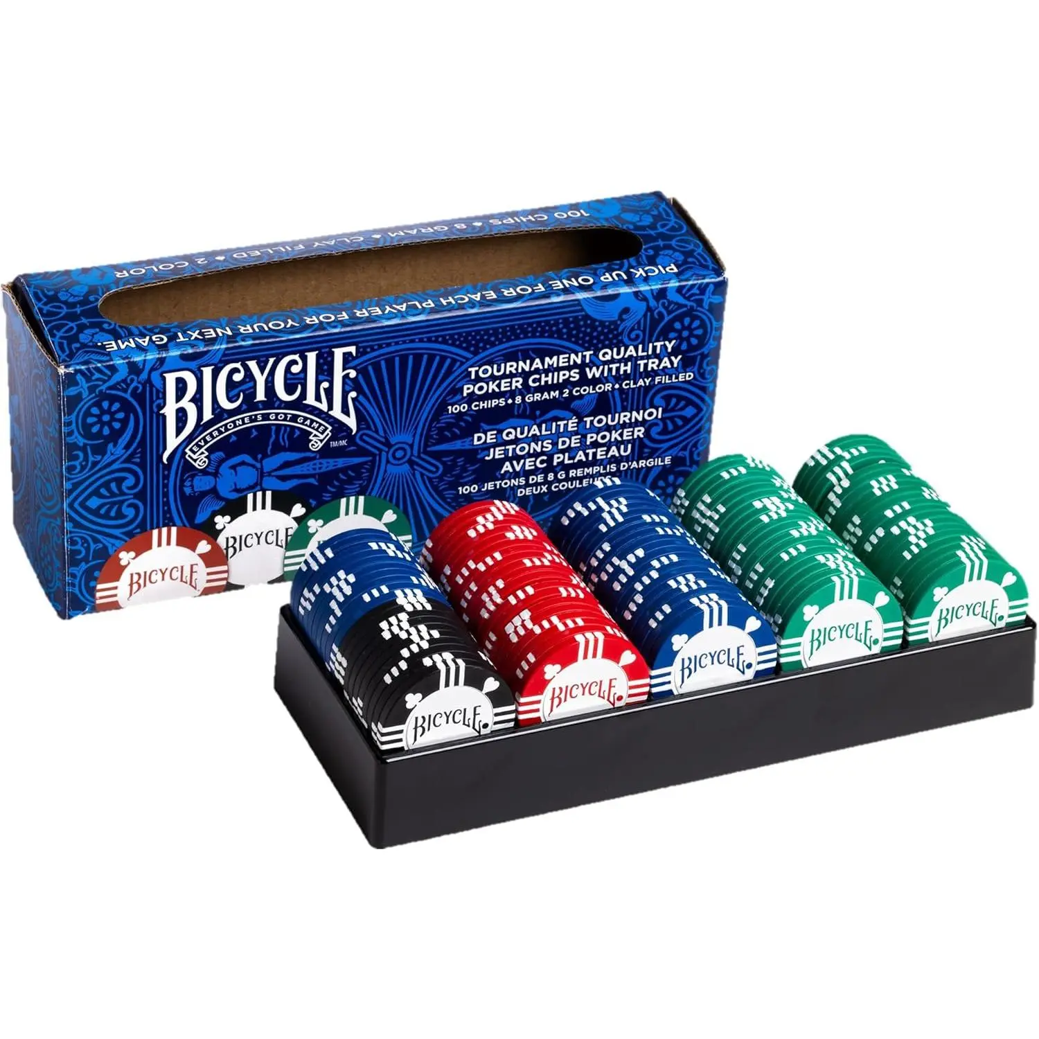 Bicycle Playing Cards 100-Count 8g Clay-Filled Poker Chips Set with Casino Tray, for Game Cards, Ages 12+, Card Set