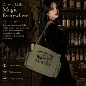 Large-capacity witch-themed canvas bag, equipped with an adjustable shoulder strap, featuring a clamshell-style vintage messenger bag, adorned with bats, pentagrams, moons, wands, and mysterious symbols, making it an excellent choice as a gift