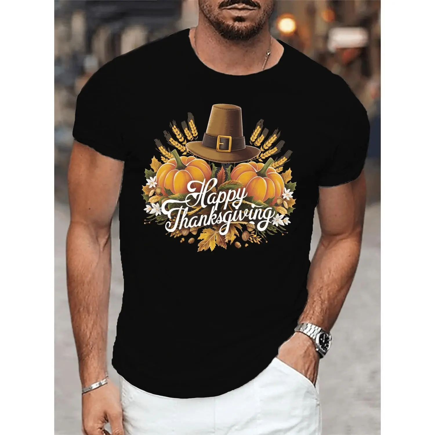 Casual Pilgrim Hat Graphic T-Shirt, Unisex Shortsleeve Cotton Blend Top, Breathable Lightweight Streetwear for Summer & Thanksgiving, Tops