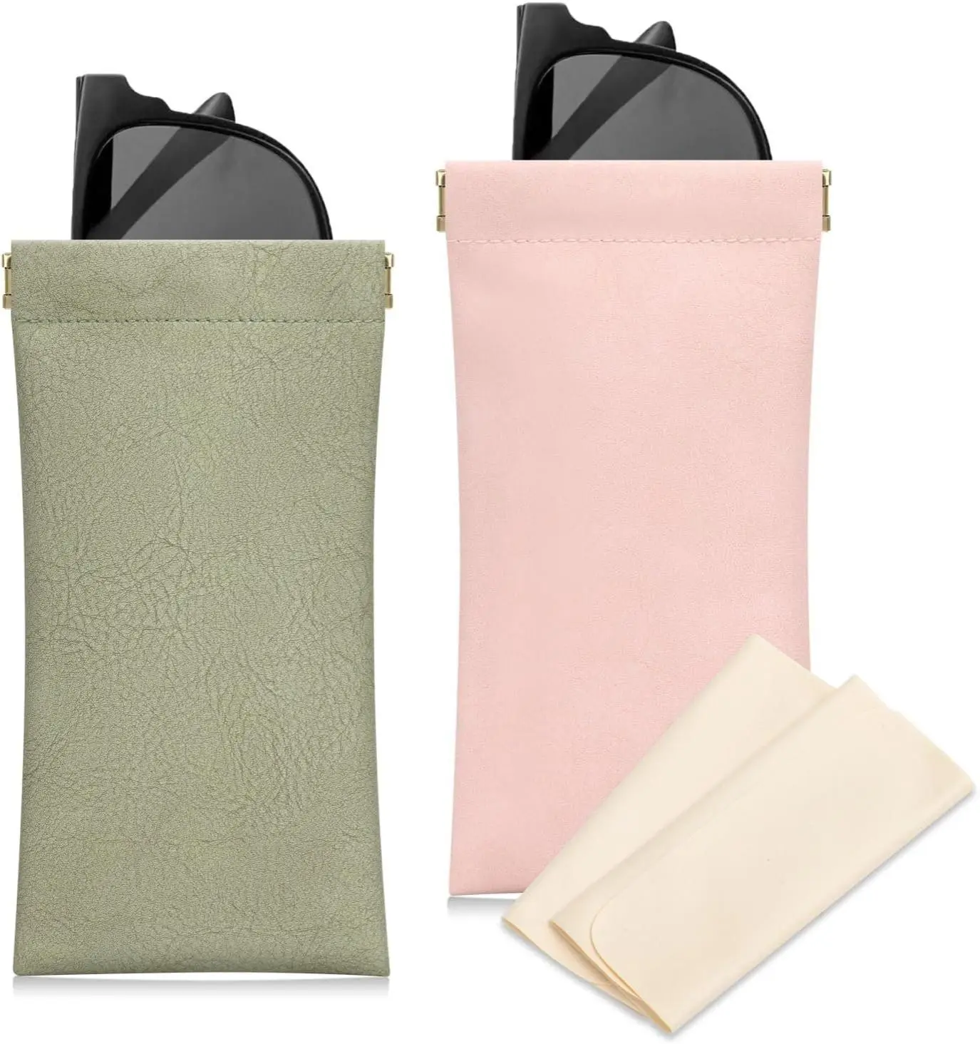 [New Deal] Women's 2-Piece Soft Eyeglass Cases, Female Casual Daily Casual Slim Shape Solid Plain Portable Squeeze-Top Leather Pouch with Cleaning Cloths, Premium Waterproof Durable Design