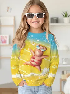 Blue-yellow gradient beach pig digital printed long-sleeve crewneck drop-shoulder sweatshirt top T-shirt, long-sleeve T-shirt clothing for girls in spring and autumn, 100% polyester, the best gift for girls