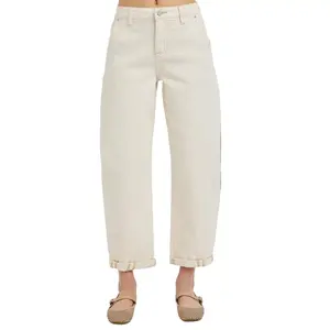 Risen High Rise Relaxed Barrel Cuffed Jeans in Ivory PG21120