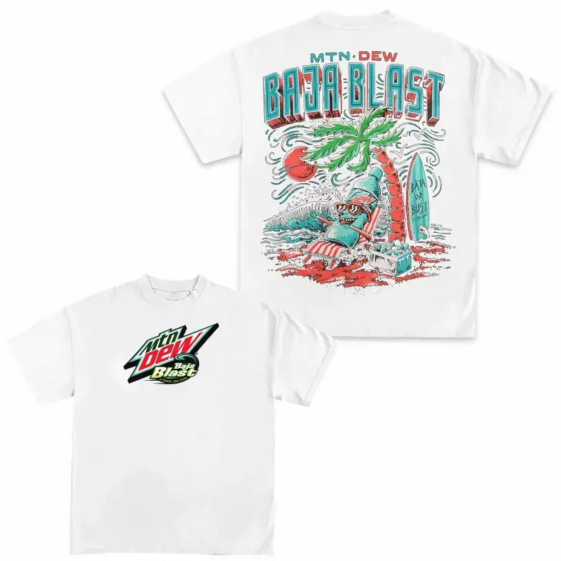Women's Vintage Retro Mtn Dew Baja Blast Graphic Short-Sleeve Cotton Crewneck Tee - Oversized Statement Style Top, 1-Piece Casual Streetwear for Summer Beach Vacation, Ocean Wave Print