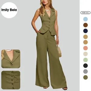 Imily Bela Womens Vest Sets Summer 2 Piece Outfits Button Crop Blazer Vest and Wide Leg Pant Suits