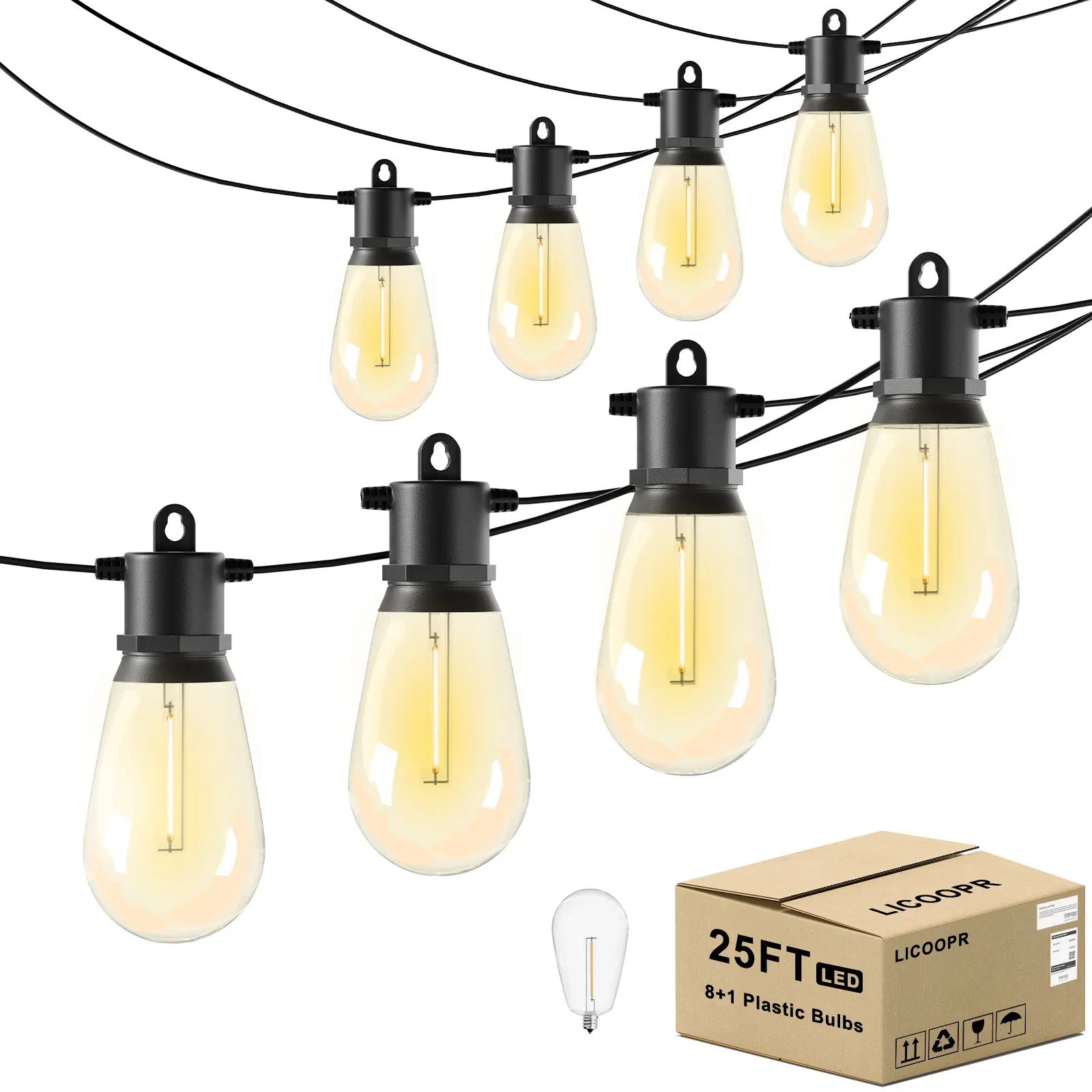 LICOOPR 25FT Outdoor String Lights Waterproof LED Patio Lights with 8+1 Shatterproof S14 Edison Bulbs Dimmable Connectable for Balcony Yard