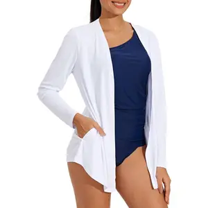 Women's White Long-Sleeve Cotton Knit Cardigan - Lightweight, Quick-Dry, Pocket-Equipped Beach Sun Wrap Top for Casual Leisure, Minimalist Bridal Use