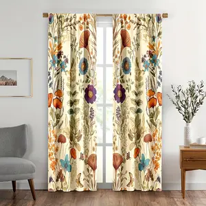 2pcs Vintage Floral Curtains - Boho Retro Orange Blossom Botanical Design, Rod Pocket Polyester Window Drapery for Bedroom & Living Room, UV Protection, Semi-Transparent, Machine Washable