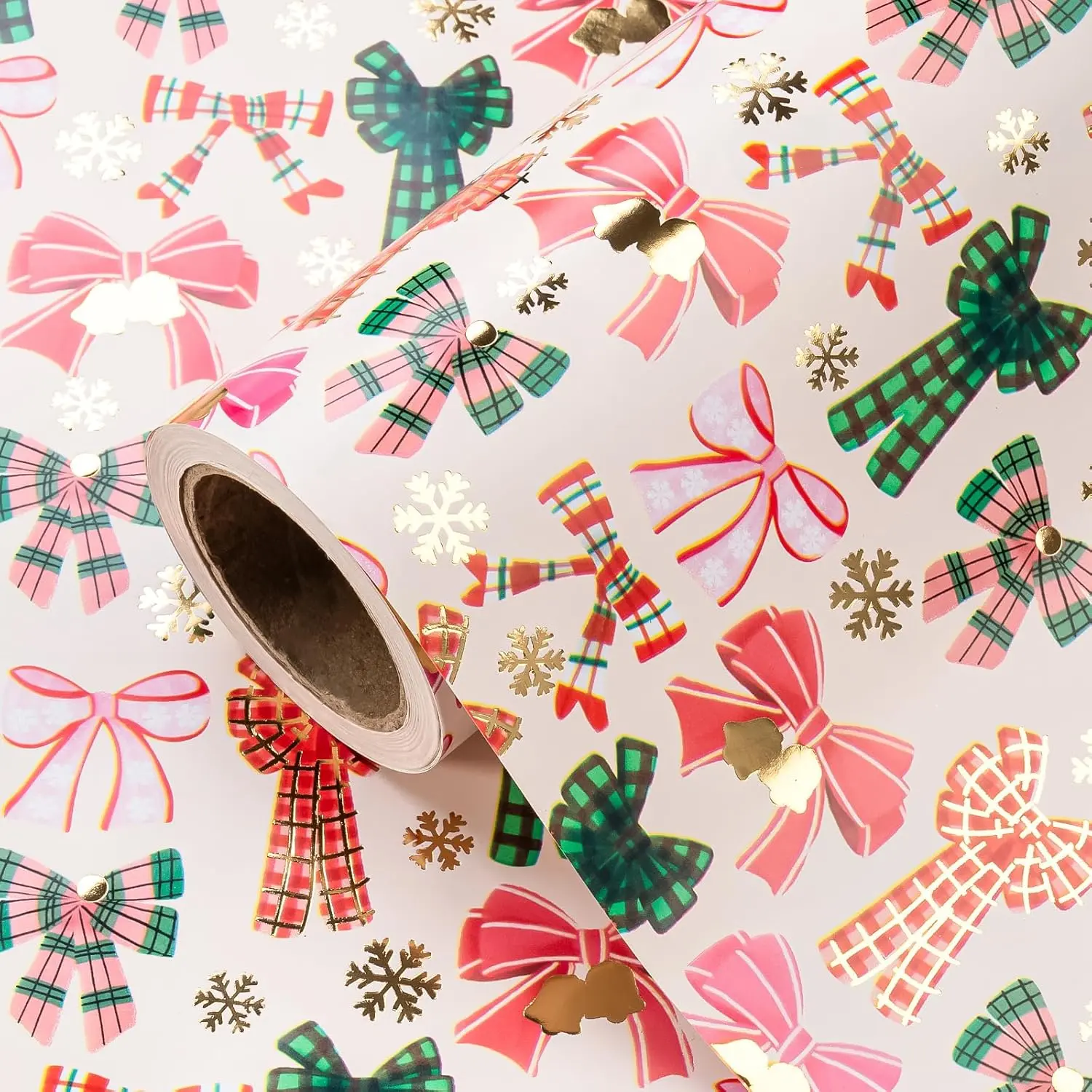 【Buy 2 Get 3 Free】WRAPAHOLIC Bow Wrapping Paper Roll, 17 in x 16.5 ft Mini Roll, Pink, Red & Green Bow, Christmas Tree, Plaid, Stripe & Happy Birthday Designs with Foil Details for Christmas Gifts, Girls Birthday, Kids Party & Baby Shower
