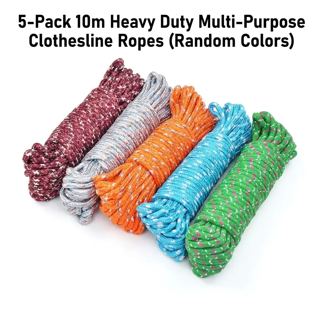 5Pcs Random Color 10M Thick Nylon Clothesline Rope Multi Purpose Outdoor Windproof Laundry Drying Rope For Clothes Quilt Camping Hanging Storage