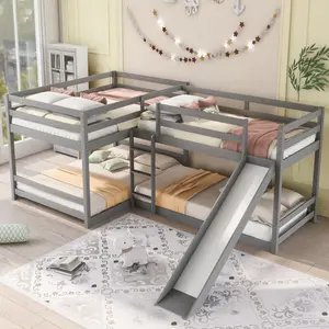 L Shaped Bunk Beds for 4, Wooden Quad Bunk Bed with Slide, Full Over Full Bunk Bed with Twin Over Twin Bunk Bed Attached