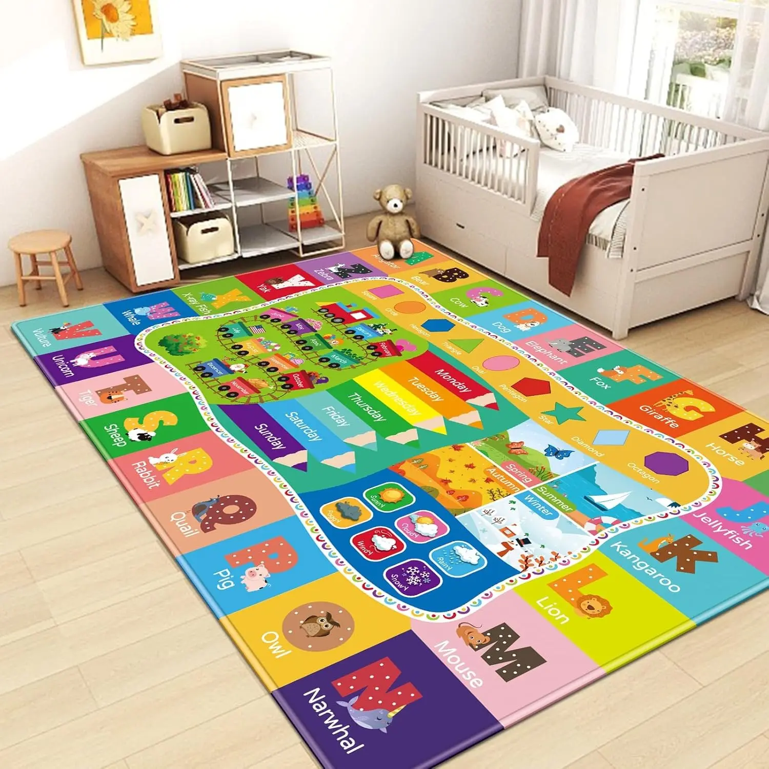 Kids Educational Learning Play Rug, ABC Alphabet Animal Days Seasons Shapes Learning Playmat, Soft Flannel Non Slip Toddler Crawling Carpet for Nursery Playroom Bedroom mat