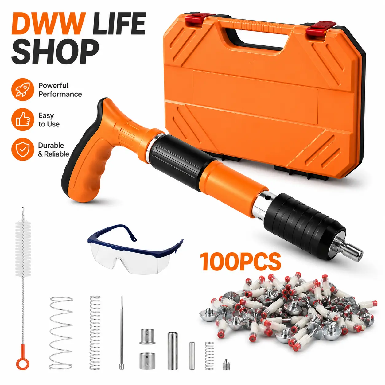 5-Gear Adjustable Mini Concrete Nail Gun Set | Portable Manual Wall Fastening Tool with 100 Steel Nails