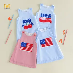 Toddler Girl 4th of July Dress Cherry/American Flag Embroidery Striped Sleeveless Dress Kids Red White Blue Outfit