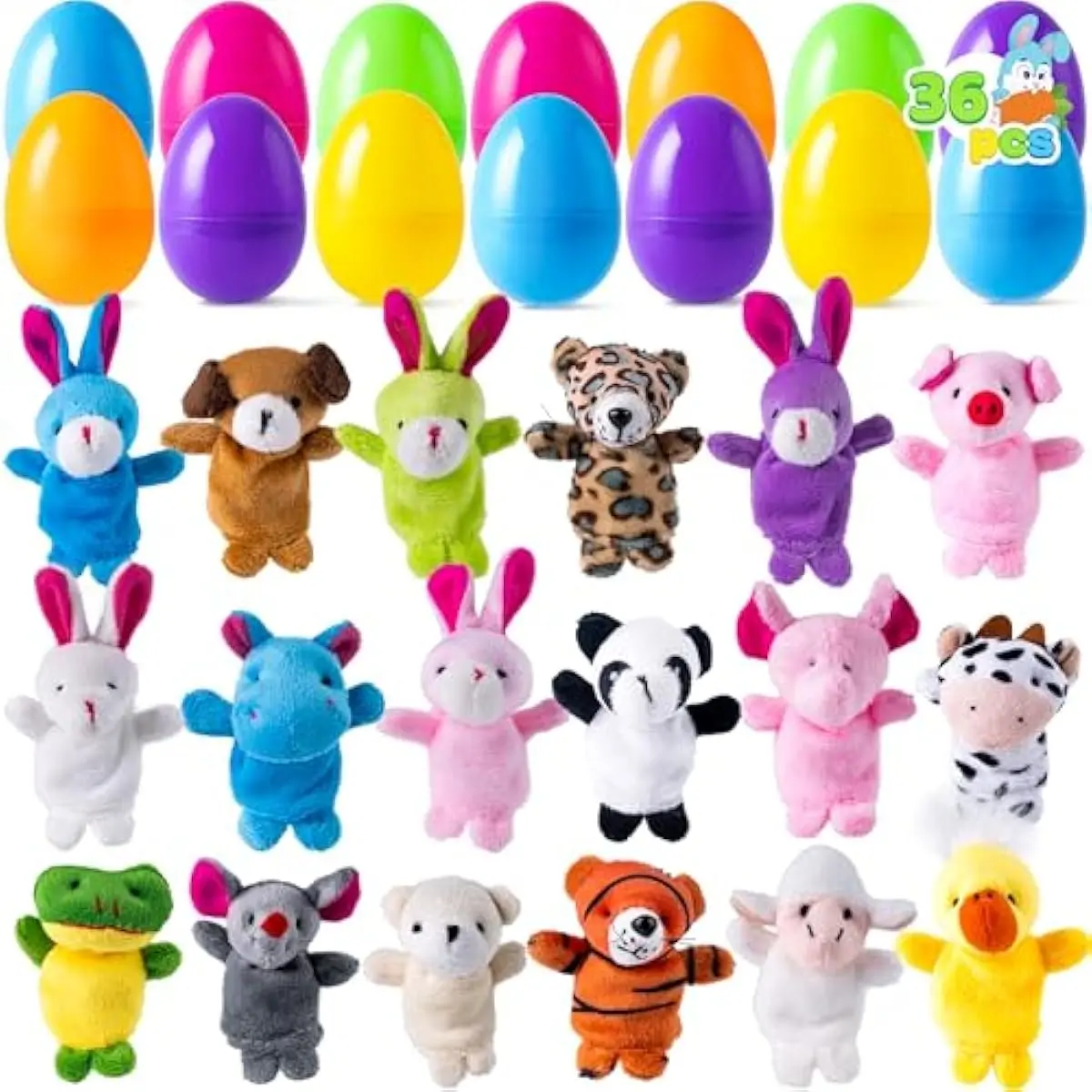 36 Pcs Pre-Filled Easter Eggs Filled with Animal Finger Puppets for Kids Toddlers Easter Egg Hunt, Basket Stuffers Fillers, Kids Party Favor, Classroom Prize Supplies