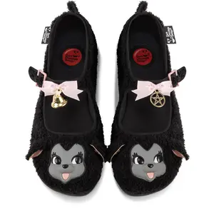 Hot Chocolate Design I Am The Black Sheep Women's Mary Jane Flat Faux Fur Sheep Face Ears Pink Bow Mini Bell Charm, Adjustable Buckle-Strap, Cushioned Inner Sole with Arch Support and Non-Marking Rubber Sole