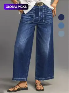 Women's Loose-Fitting Denim Wide-Leg Jeans with Pockets, Solid Color Casual Fashion Jeans, Comfortable and Stylish for All Seasons Womenswear