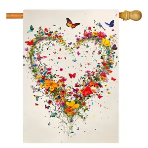 Spring Valentine's Day Garden Flag, Love Peach & Butterfly Flower Design, 28x40 Inch Double-Sided, Outdoor Lawn Decoration