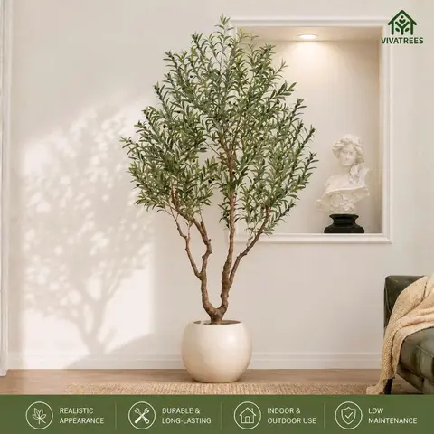 7FT/8FT Olive Tree Artificial Indoor Plant Tall Faux Tree Decorative Plant with Lifelike Fruits 16in Round White Planter Natural Wood Trunk for Home Office Decor