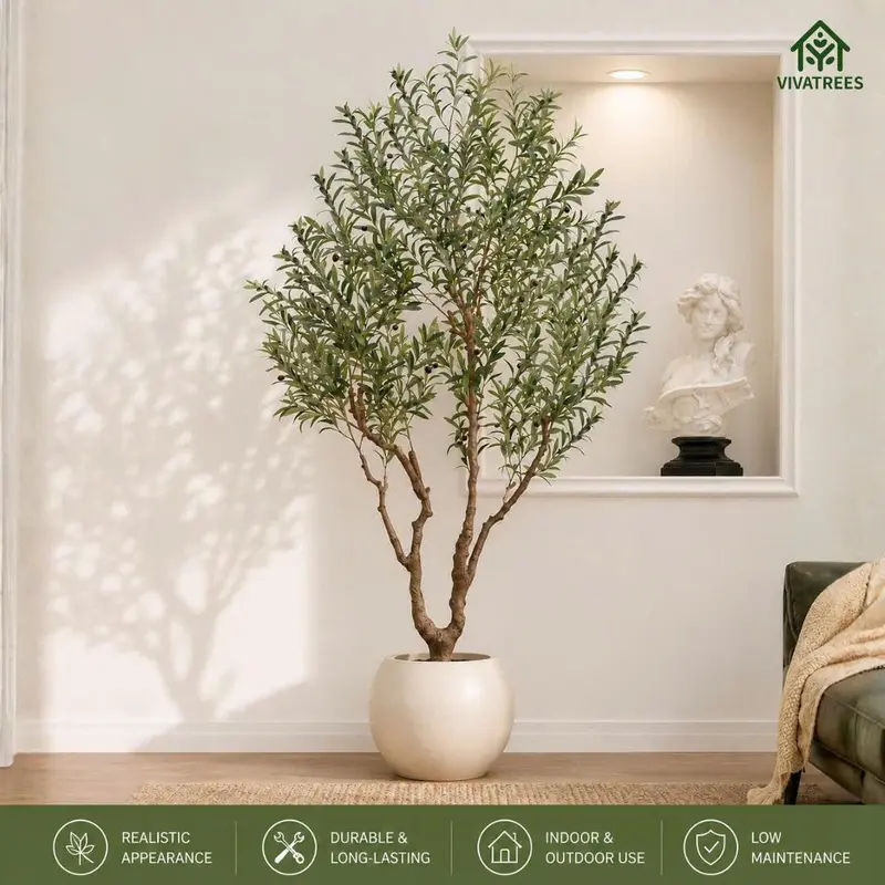 7FT/8FT Olive Tree Artificial Indoor Plant Tall Faux Tree Decorative Plant with Lifelike Fruits 16in Round White Planter Natural Wood Trunk for Home Office Decor
