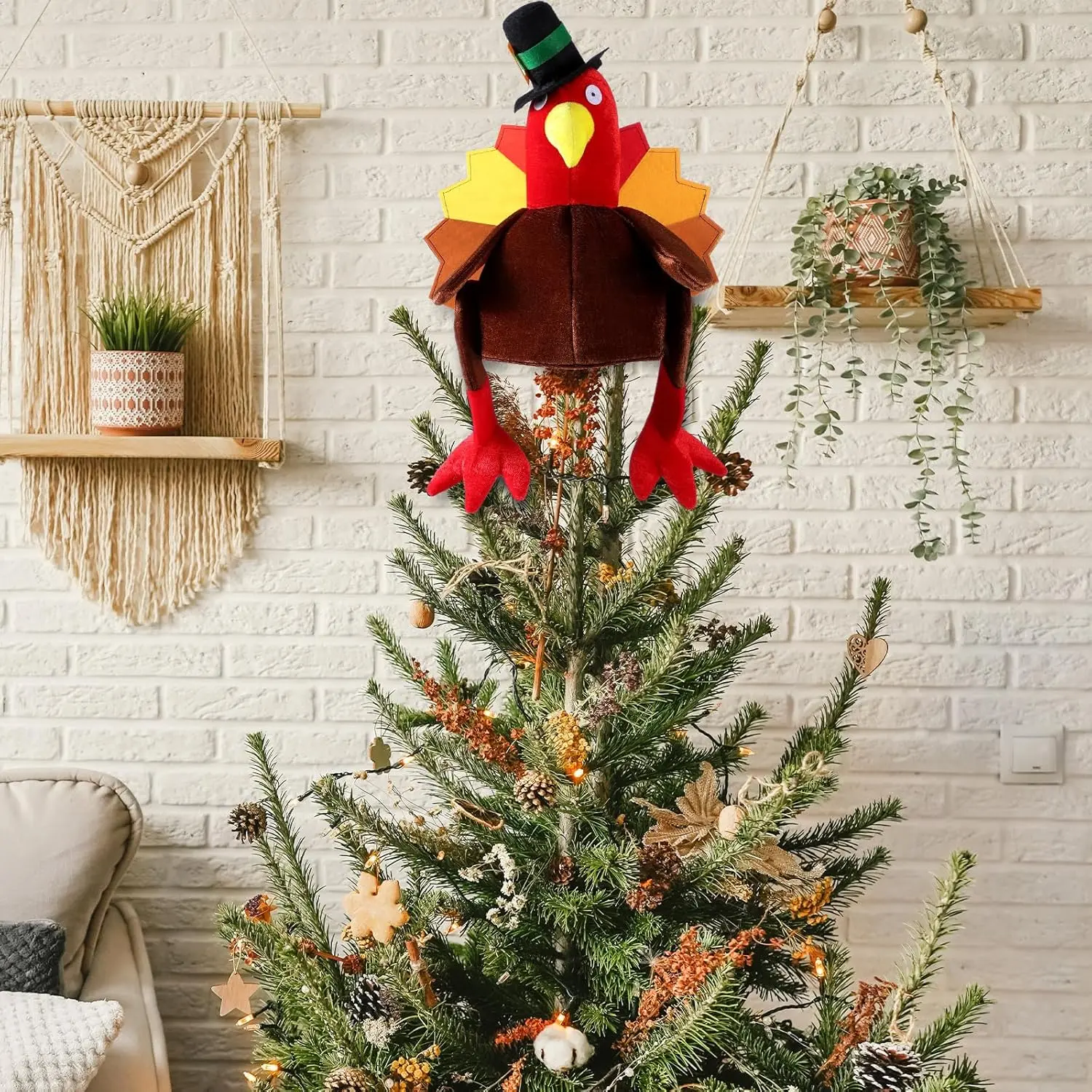 Norme Thanksgiving Turkey Hat Tree Topper Fall Christmas Tree Topper for Autumn Harvest Farmhouse Indoor Home Decorations Party Supplies Thanksgiving Country Holiday Accent