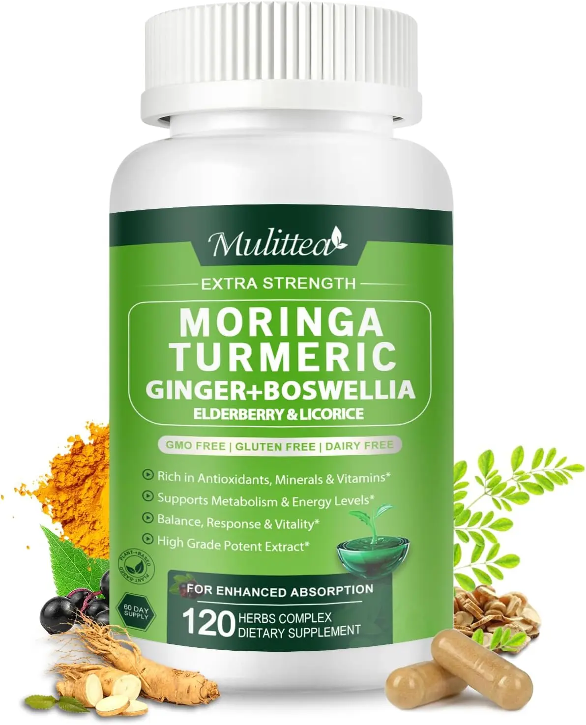 Moringa Capsules Organic 1000mg, 7-in-1 Superfood with Turmeric, Ginger, Elderberry, Licorice & Boswellia - Support Immune, Skin, Gut & Antioxidant-Non-GMO, GMP, 120 Vegan Capsules