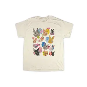 90s Harajuku style rabbit print T-shirt, Easter, Japanese retro rabbit pattern cute rabbit, sweet style, suitable for men, women, mothers and friends, couple style, fashionable and loose, youthful vitality, men's daily wear top