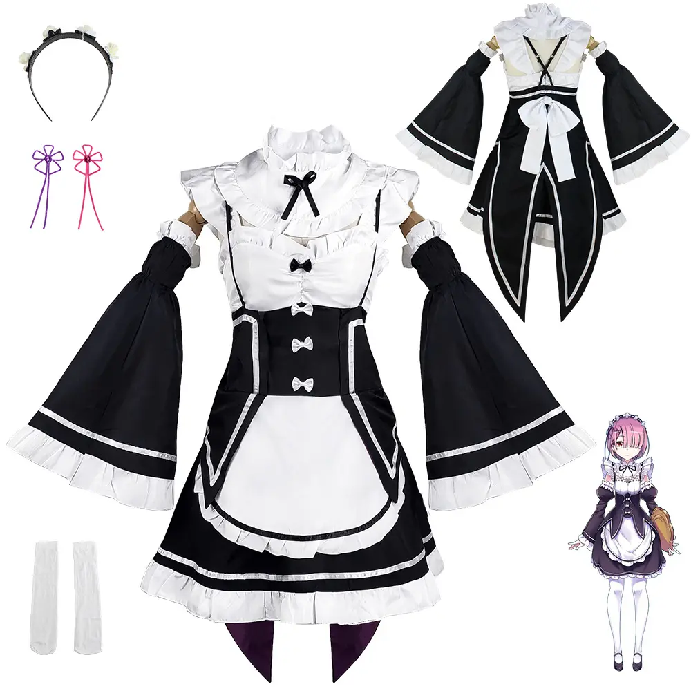 Women's Ram Rem Anime Maid Cosplay Costume Set - Solid Colors Black White Dress with Full Accessories, Women's Outfit for Halloween, Stage Parties (Flash Sale)