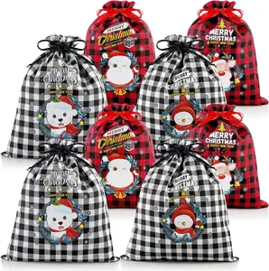 8 Pack Assorted Sizes holiday Gift Bags with Drawstring - Buffalo Plaid and Christmas Patterns - Xmas Plaid Burlap Wrapping and Storage Bags wrap