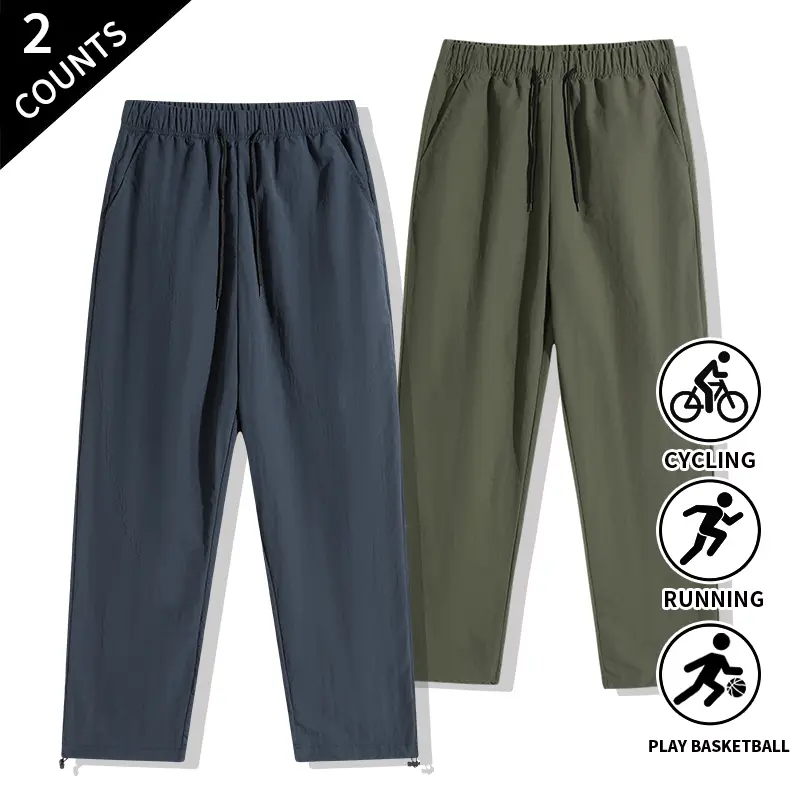 2-Pack Men’s Casual Straight-Leg Pants, Elastic Waist with Drawstring, Adjustable Hem, Multicolor Everyday Outdoor Pants