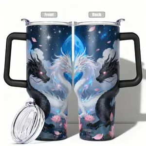 1pc, 40oz/30oz/20oz/14oz Stainless Steel Cup Black and White Dragon with Lotus Flowers and Full Moon Double Wall Vacuum Insulated Cup, Leakproof Lid & Carry Handle Travel Mug for Outdoor Camping