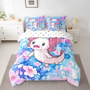 Cartoon Salamande Bed in a Bag Cute Axolotl 7 Piece Bedding Set Reptile Animal Comforter Set With Sheet Set,Pillowcases & Pillow Covers Soft Decor Floral Pink Blue White Closure All Season